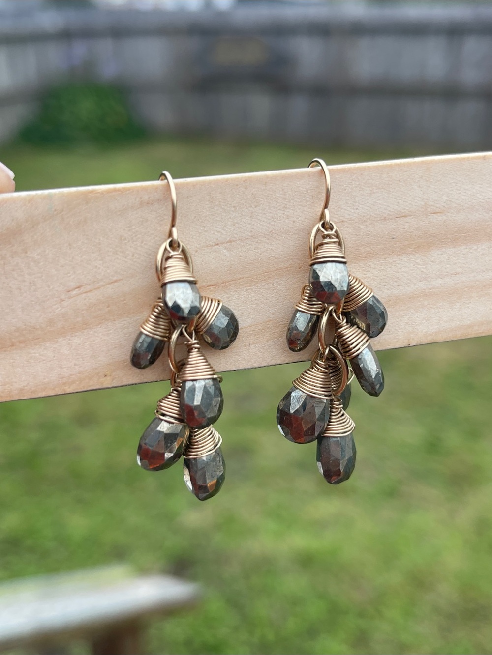 14K Gold F Wire-Wrapped Pyrite Crystal Teardrop Cluster Earrings - Women Jewelry